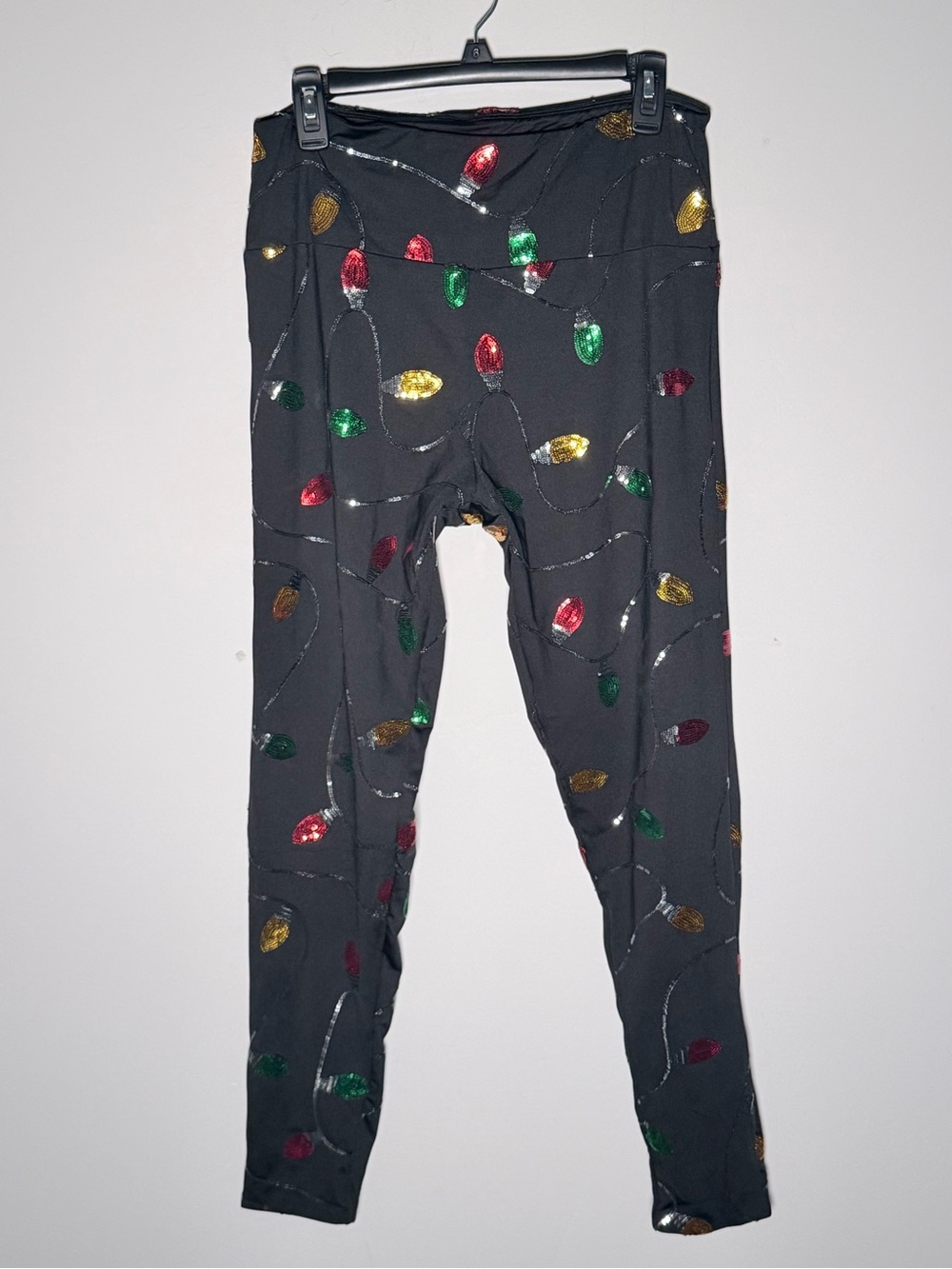 Tipsy Elves Womenâs Black Leggings with Red, Green and Gold Light Print XL
